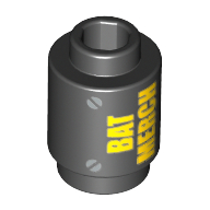 Brick Round 1 x 1 with Yellow 'BAT MERCH' and Silver Screws Print (Black)