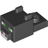 Animal Body Part, Cat Head 1 x 2 with Cube with Ears, Nose and Pixelated Face with Green Eyes and Bright Pink Nose Print (Cat) (Black)
