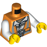 Torso, Safety Vest with Reflective Stripes, Open over Dark Bluish Gray and White Striped Prison Shirt / Dynamite in Belt Print, White Arms, Yellow Hands (Orange)