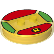 Function Brick Round 4 x 4 x 2/3 with 2 Studs and Yellow 'R' Logo on Red Background Print (Trans-Yellow)