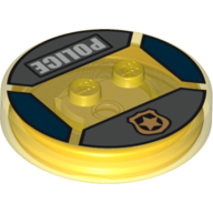 Function Brick Round 4 x 4 x 2/3 with 2 Studs and Gold Police Badge and 'POLICE' Print (Trans-Yellow)