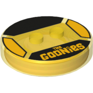 Function Brick Round 4 x 4 x 2/3 with 2 Studs and 'THE GOONIES' Print (Trans-Yellow)