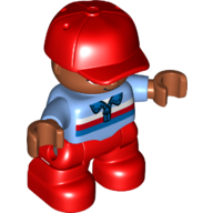 Duplo Figure Child with Cap Red, with Medium Blue Shirt with White Red Blue Stripes - Medium Nougat Face and Hands - Red Legs (Medium Blue)