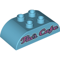 Duplo Brick 2 x 4 Curved Top with Dark Pink 'Flo's Cafe' Print (Medium Azure)