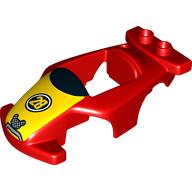 Duplo Race Car Body, Black Windshield with Wide Yellow Stripe, with '28' & Mickey Mouse Print (Red)