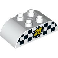 Duplo Brick 2 x 4 Curved Top with Yellow '28' with Black and White Checkered Print (White)