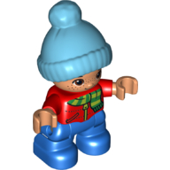 Duplo Figure Child with Knitted Bobble Cap Medium Azure, with Red Top with Green and Lime Striped Scarf - Nougat Face and Hands - Blue Legs (Red)