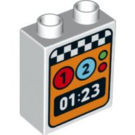 Duplo Brick 1 x 2 x 2 with Finish Line, 1, 2 and Timer Print (White)