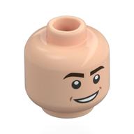 Minifig Head, Dark Brown Eyebrows, Open Mouth Smile / Raised Eyebrows, Open Mouth Print (Light Nougat)