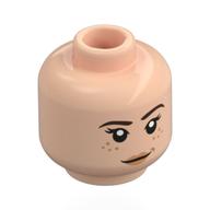 Minifig Head, Reddish Brown Eyebrows, Dark Orange Freckles and Lips, Slight Smile / Bared Teeth Angry Print (Light Nougat)