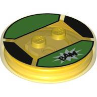 Function Brick Round 4 x 4 x 2/3 with 2 Studs and "BAM" on Bright Light Blue Background Print (Trans-Yellow)
