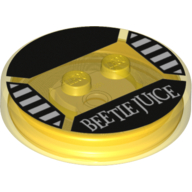 Function Brick Round 4 x 4 x 2/3 with 2 Studs and "Beetle Juice" Print (Trans-Yellow)