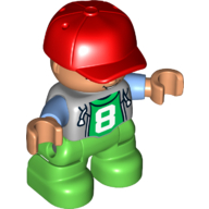 Duplo Figure Child with Cap Red, with Light Bluish Gray Top with Medium Blue Sleeves over Green Shirt with '8' - Nougat Face and Hands - Green Legs (Light Bluish Gray)