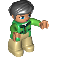 Duplo Figure with Thick Short Hair Combed over Forehead and Bun Black, with Green Jacket with Zipper - Nougat Face and Hands, Oval Eyes - Tan Legs (Green)
