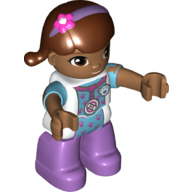 Duplo Figure with Reddish Brown Hair with Purple Headband with Flower, and White Jacket over Medium Azure Top with Dark Pink Paw Prints, Medium Nougat Face and Hands, Medium Lavender Legs (Doc McStuffins) (White)