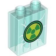 Duplo Brick 1 x 2 x 2 with Nuclear Warning Sign on Broken Glass Print (Trans-Light Blue)