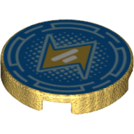 Tile Round 2 x 2 with Light Blue Circular Lines and Dots on Blue Background with Orange Lightning Bolt Print (Pearl Gold)