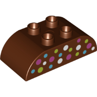 Duplo Brick 2 x 4 Curved Top with Purple, Medium Blue, White and Green dots Print (Reddish Brown)