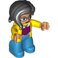 Duplo Figure with Long Hair Section in Front, with Blue Eyes with Glasses, Dark Azure Legs, Magenta Sweater with White Collar Print (Yellow)