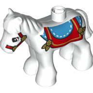 Duplo Animal Horse/Foal with Blue & Red Saddle, and Red Bridle Print (White)