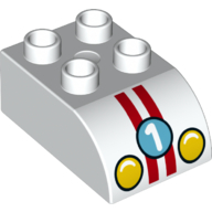Duplo Brick 2 x 3 with Curved Top with '1', Headlights and 2 Red Stripes Print (White)