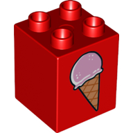 Duplo Brick 2 x 2 x 2 with Ice Cream Cone on 2 sides, Normal/Dropped Print (Red)