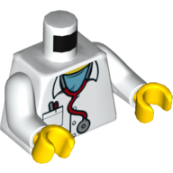 Torso, Lab Coat, Stethoscope, Pocket, Pens, Blue Shirt Print, White Arms, Yellow Hands (White)