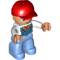 Duplo Figure with Cap Red, with White Shirt and Orange Bandana (Scarf) under Blue Coveralls - Medium Blue Legs (White)
