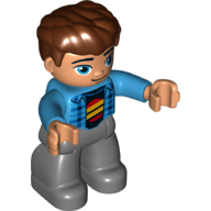 Duplo Figure with Thick Hair Combed Forward Reddish Brown, with Jacket, Dark Blue Plaid Shirt, Yellow Lines on Red Circle (Dark Azure)