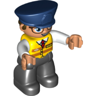 Duplo Figure with Police Style Hat Dark Blue, with Black Legs, Yellow Vest with Red Tie, White Arms, Glasses with Blue Eyes (Yellow)