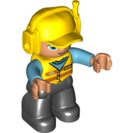 Duplo Figure with Headset and Cap Yellow, with Medium Azure Arms, Yellow Vest with Orange Stripes, and Black Legs (Yellow)