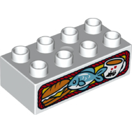 Duplo Brick 2 x 4 with Sub Sandwich, Fish and Cup of Coffee Print (White)
