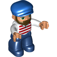 Duplo Figure with Cap Blue, with Beard, Dark Blue Legs, Red and White Striped Shirt Print (White)