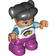 Duplo Figure Child with Ponytails and Bangs Black, with Dark Pink Legs, White and Medium Azure Top with Shooting Star Print (White)