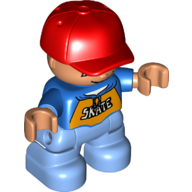 Duplo Figure Child with Cap Red, with Blue Shirt with 'SKATE' Print - Medium Blue Legs (Blue)