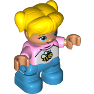 Duplo Figure Child with Ponytails and Bangs Yellow, with Dark Azure Legs, White and Pink Top with Bee Print (Bright Pink)