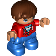 Duplo Figure Child, Hair Combed Forward with Curl Reddish Brown, Red Top with White and Medium Azure Undershirt, Zipper and Cords Print, Nougat Face and Hands, Blue Legs (Red)