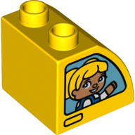Duplo Brick 2 x 2 x 1 1/2 with Curved Top, Girl with Yellow Hair, Boy with Blue Baseball Cap Print (Yellow)
