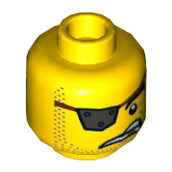 Minifig Head MetalBeard, Metal Eyepatch, Stoppled Beard, Angry Crooked Grimm, Missing Tooth Print (Yellow)