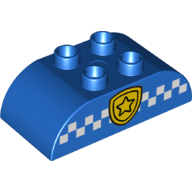 Duplo Brick 2 x 4 Curved Top with Gold Police Badge and White Checked Print (Blue)
