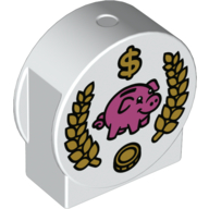 Duplo Brick 1 x 3 x 2 Round Top, Cut Away Sides with Piggybank, '$', and Coin Print (White)