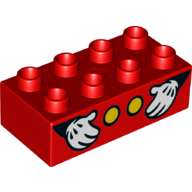 Duplo Brick 2 x 4 with Two Yellow Spots and Two Hands with White Gloves Print (Red)