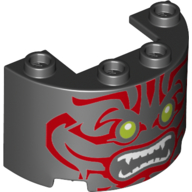 Cylinder Half 2 x 4 x 2 with 1 x 2 Cutout with Face, Olive Green Eyes, Teeth with Fangs, Red Tribal Tattoo Print (Black)