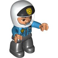 Duplo Figure with Helmet White with Black Front and Badge, Black Legs, Dark Azure Top with Badge and Radio Print (Police) (Dark Azure)