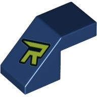 Brick Sloped 45° 2 x 1 with 2/3 Inverted Cutout and no stud with Lime 'R' Print (Dark Blue)