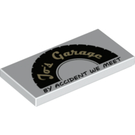 Tile 2 x 4 with Black Tire Half with Tan 'Jo's Garage' and Black 'BY ACCIDENT WE MEET' Print (White)