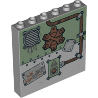Panel 1 x 6 x 5 with Vent Cover, Crossed Wrenches, Cable, Drawing of truck, Big Red Button, Rib-bits Print (Light Bluish Gray)