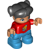 Duplo Figure Child with Ponytails and Bangs Black, Red Top with Rocket Ship Print - Nougat Face and Hands - Dark Azure Legs (Red)