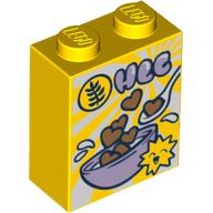Brick 1 x 2 x 2 with Breakfast Cereal HCC Hearts, Spoon, Bowl Print (Yellow)