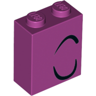 Brick 1 x 2 x 2 with Closed Eye Left, 2 Curled Black Lines Print (Magenta)